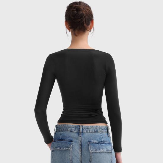 Женские топы с круглым вырезом, длинным рукавом, облегающие, однотонные, эластичные, стандартного кроя, универсальные блузки