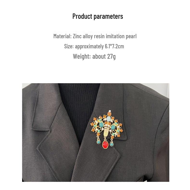 Винтажная брошь в европейском придворном стиле с драгоценными камнями - Антикварная реплика с бриллиантами и цветными драгоценными камнями для женщин