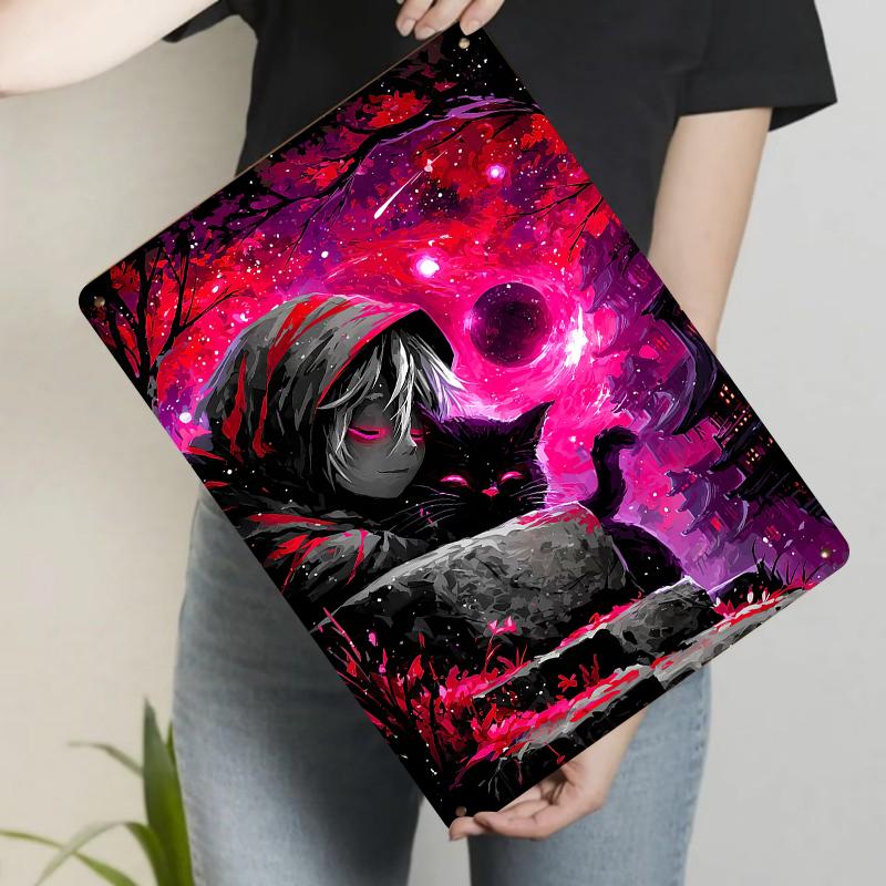 Dark Starry Sky Boy and Cat Creative Metal Iron Painting Living Room Wall Art Decor Hanging Ornament