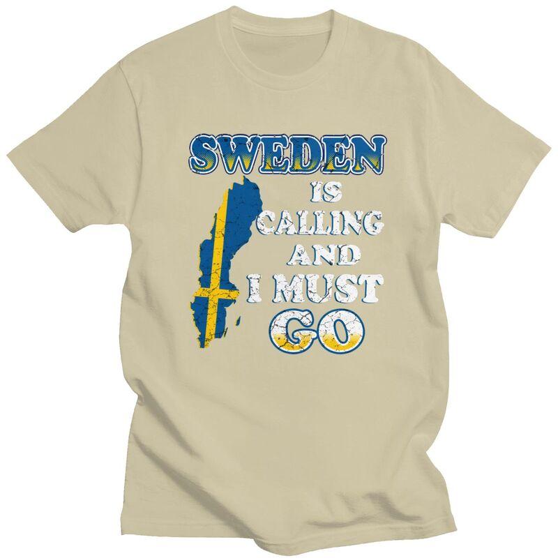 Mens Sweden Is Calling T Shirt Short Sleeve Cotton Tshirts Valentines Day Gift Casual Sweden Flag Tee Loose Fit Clothing