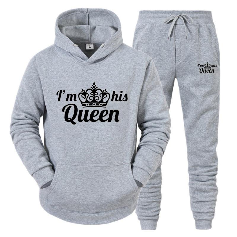 Спортивный костюм для влюбленных, толстовки с принтом QUEEN KING, толстовка для пар, одежда больших размеров с капюшоном, женские толстовки, комплект из двух предметов