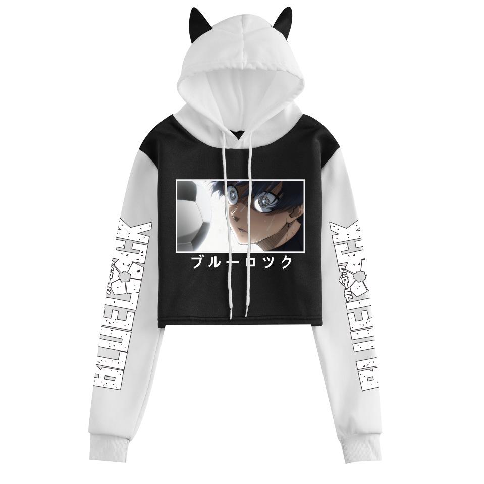 Blue Lock Cat Ear Color Block Hoodie with Plus Velvet