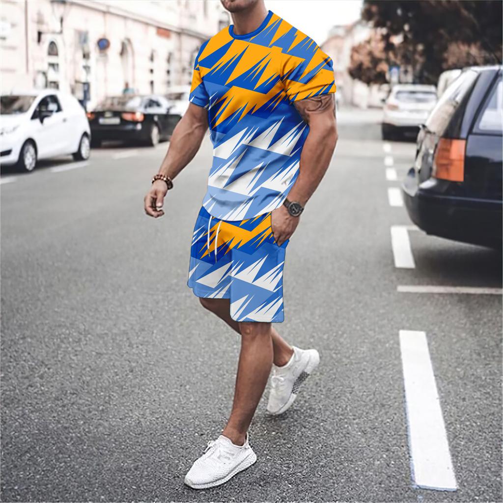 Популярная и креативная мужская спортивная одежда, комплект из двух частей, летние шорты с короткими рукавами и круглым вырезом, мужской повседневный модный комплект с 3D сращиванием