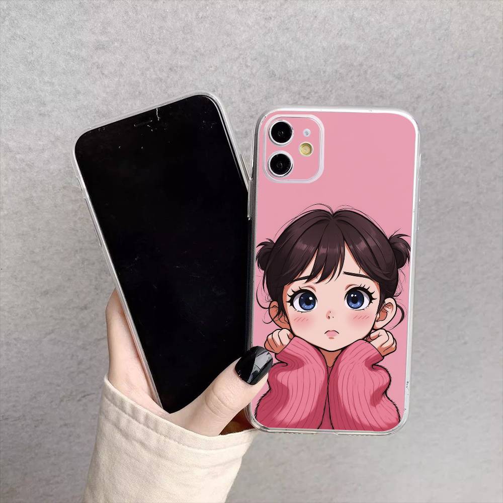 Чехол для телефона с рисунком мультяшной девочки для iPhone17,16,15,14,13,12,11 Plus,Pro Max Мягкий прозрачный чехол