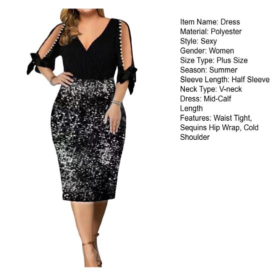 V-образный вырез с половиной рукавом, декор из бисера, бант, манжеты, облегающая талия, элегантное платье больших размеров, сексуальное платье с открытыми плечами и блестками, облегающее платье с запахом на бедрах, женская одежда