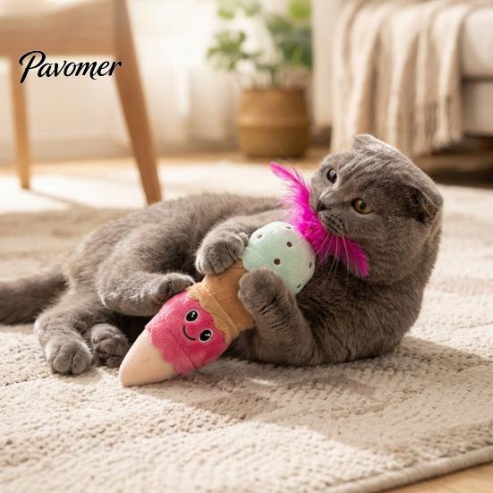 Прочная игрушка для царапания и кусания кошек, шуршащая плюшевая игрушка, набитый рожок мороженого с перьями, игрушки для охоты, перья, кикер для котят для дома