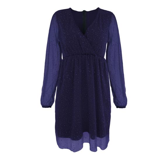 Women Spring Fall Dress Deep V Neck Long Mesh Sleeve Shiny Sequin Lantern Sleeve Double-layered Tight Waist Prom Cocktail Party Mini Dress