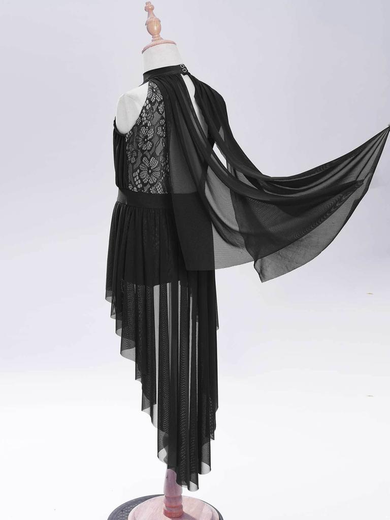 Girls Performance Leotard Sleeveless Cutout Back Design Hollow Out Lace Mesh Overlay Skirted Dance Costume