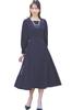 Louet Tucked Flare Square Neck Dress Dress Long Large Commuting M Navy [Louis Boutique] Women, Mrs., Mom, Formal, Casual, Sleeve, Long, Size,