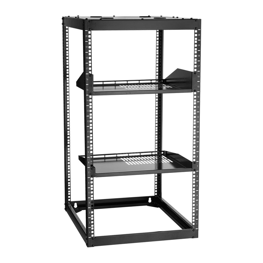20U Open Frame Network Rack, 585 mm Depth, Wall Mounted or Floor Standing Server Rack, Heavy Duty 4 Post, with Vented Shelves & Mounting Hardware,
