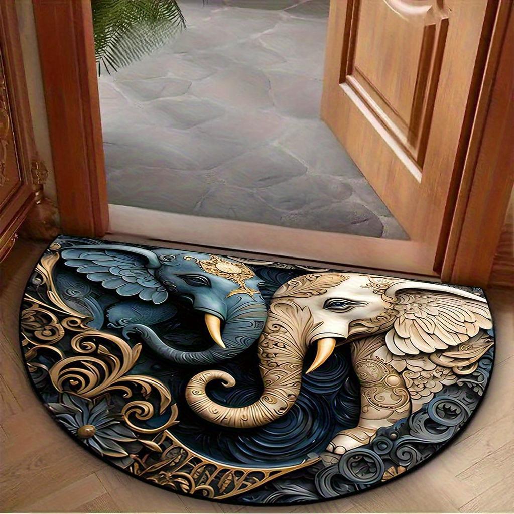Elephant-Themed Semi-Circle Welcome Mat - Non-Slip Polyester Door Mat with Artistic Elephant Design - Decorative Home Accessory