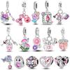 Медные Покрытые Розовым Цветом Шармы Бусины Цветок Любовь Сердце Подвеска Подходят для Оригинального Браслета-Бэнгла Ожерелья Подвески Ювелирные Изделия Женский Подарок