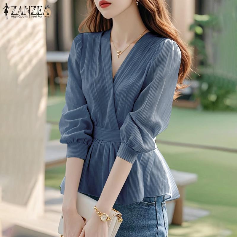 ZANZEA Женская повседневная блузка с V-образным вырезом и длинным рукавом, приталенная блузка