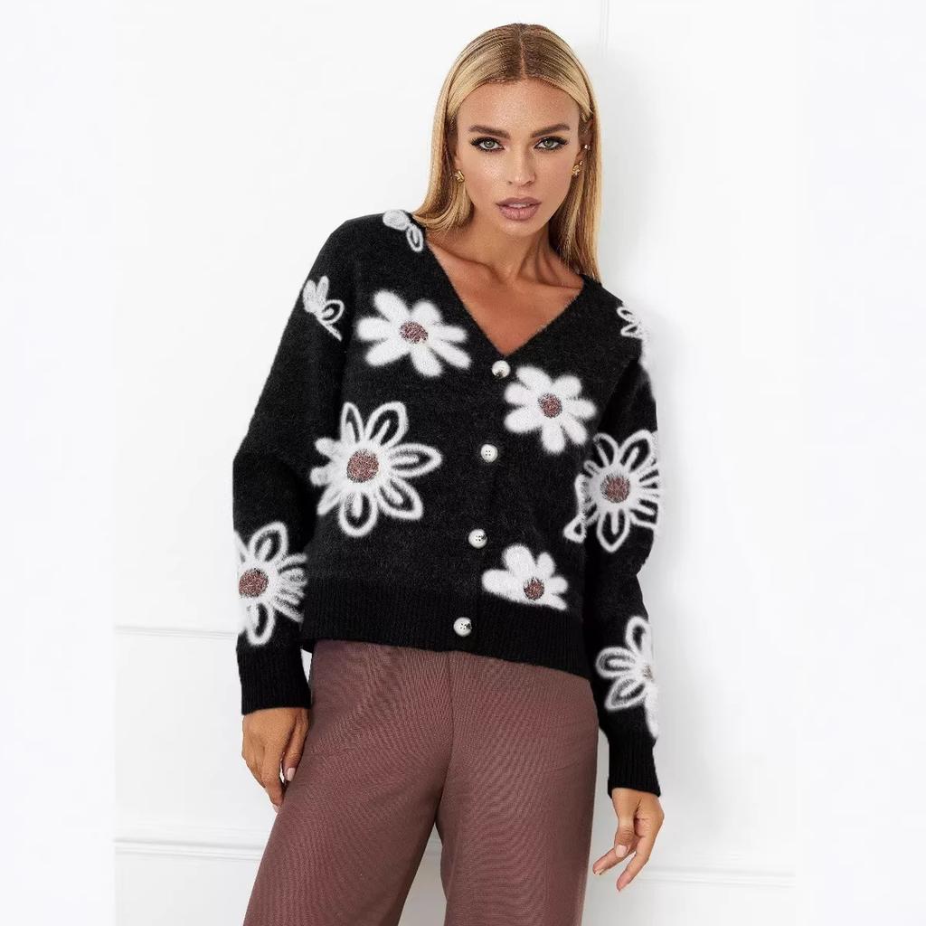 Autumn and winter cross-border new V-neck mink jacquard sweater women's jacket Amazon European and American long-sleeved flower knitted cardigan