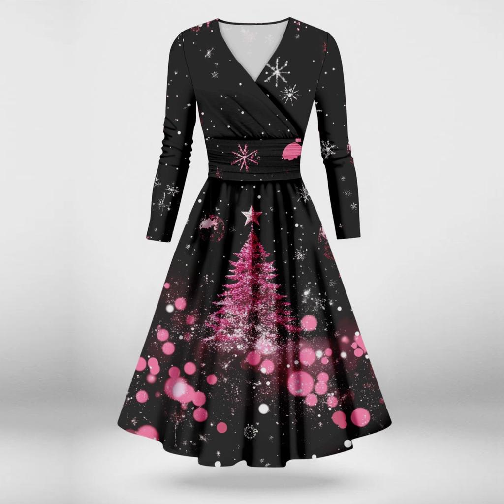 Женское облегающее платье свободного кроя с принтом рождественской елки и снежинок, V-образным вырезом и длинными рукавами