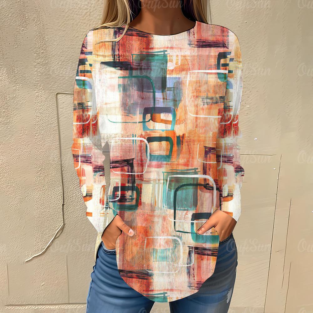Irregular Color Blocks Pattern Print Women's T-shirts Autumn Casual Cotton Long Sleeves Tees Tops Female Clothing Streetwear