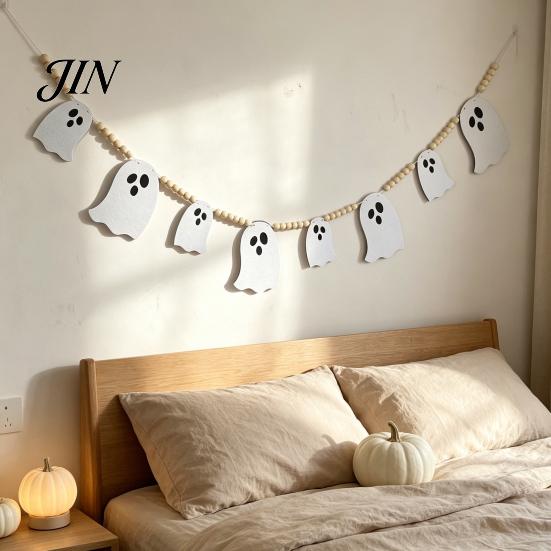 Halloween Wall Hanging 2 Pcs 7.5FT Garland, Felt Pumpkin Ghost Bat Skull Garland with Non-woven Decor Wood Beads, Party Banner for Fireplace