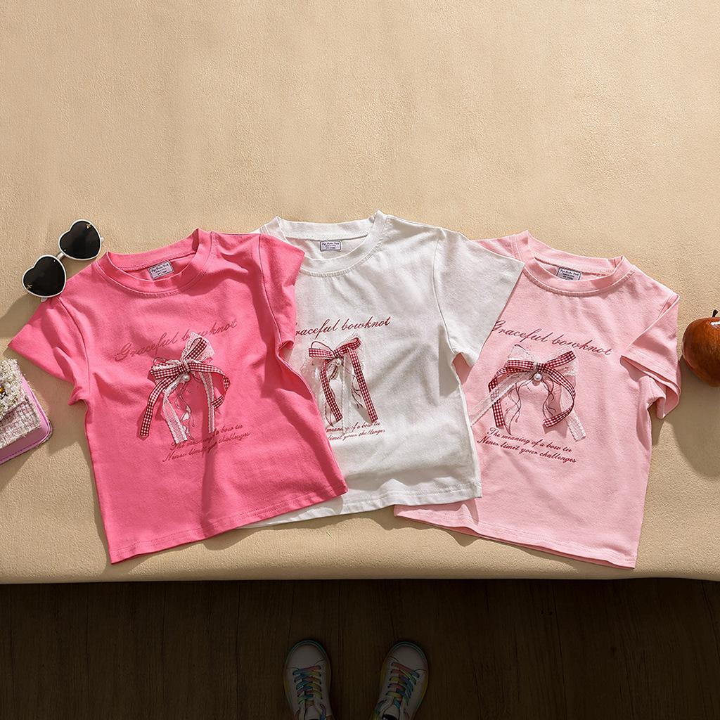 Girls Ruffled Bow Short Sleeve T Shirt Summer Cotton Princess Top