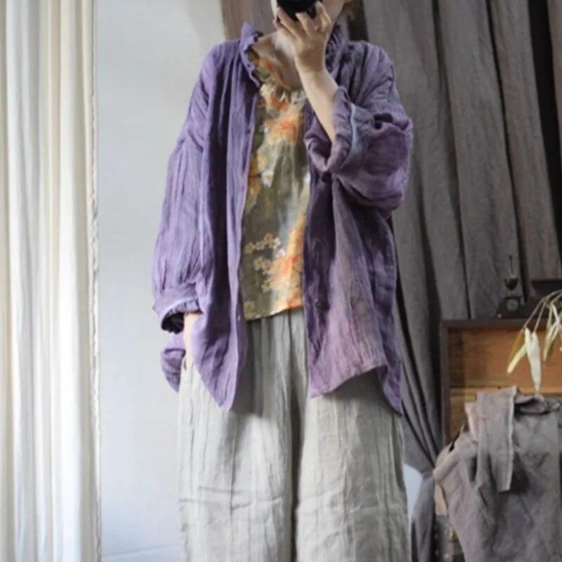 Johnature Льняная рубашка в стиле ретро, нерегулярная винтажная рубашка, осенняя женская повседневная однобортная рубашка с длинными рукавами