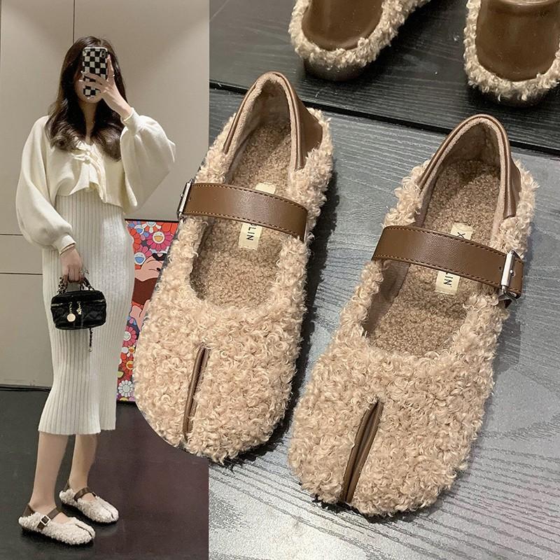 Shoes Woman Flats Loafers Fur Round Toe Autumn Casual Female Sneakers Dress Moccasin Fall Winter Leisure Buckle Strap Flock Rubb