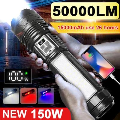 50000LM Светодиодные фонари высокой мощности Встроенный аккумулятор 15000 мАч Вспышка Аварийный прожектор Самый мощный фонарь