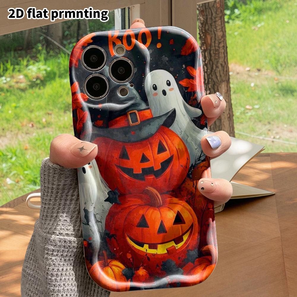 Phone Case: 2D flat design, suitable for iPhone 18, 17, 16, 15, 14, 13, 12 Pro protective cases, phone decoration, pumpkin and two ghosts, Halloween a