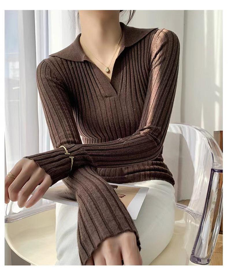 Весенняя облегающая рубашка с V-образным вырезом и длинными рукавами, с внутренней трикотажной подкладкой, модная и простая, в полоску, новый темпераментный свитер для женщин