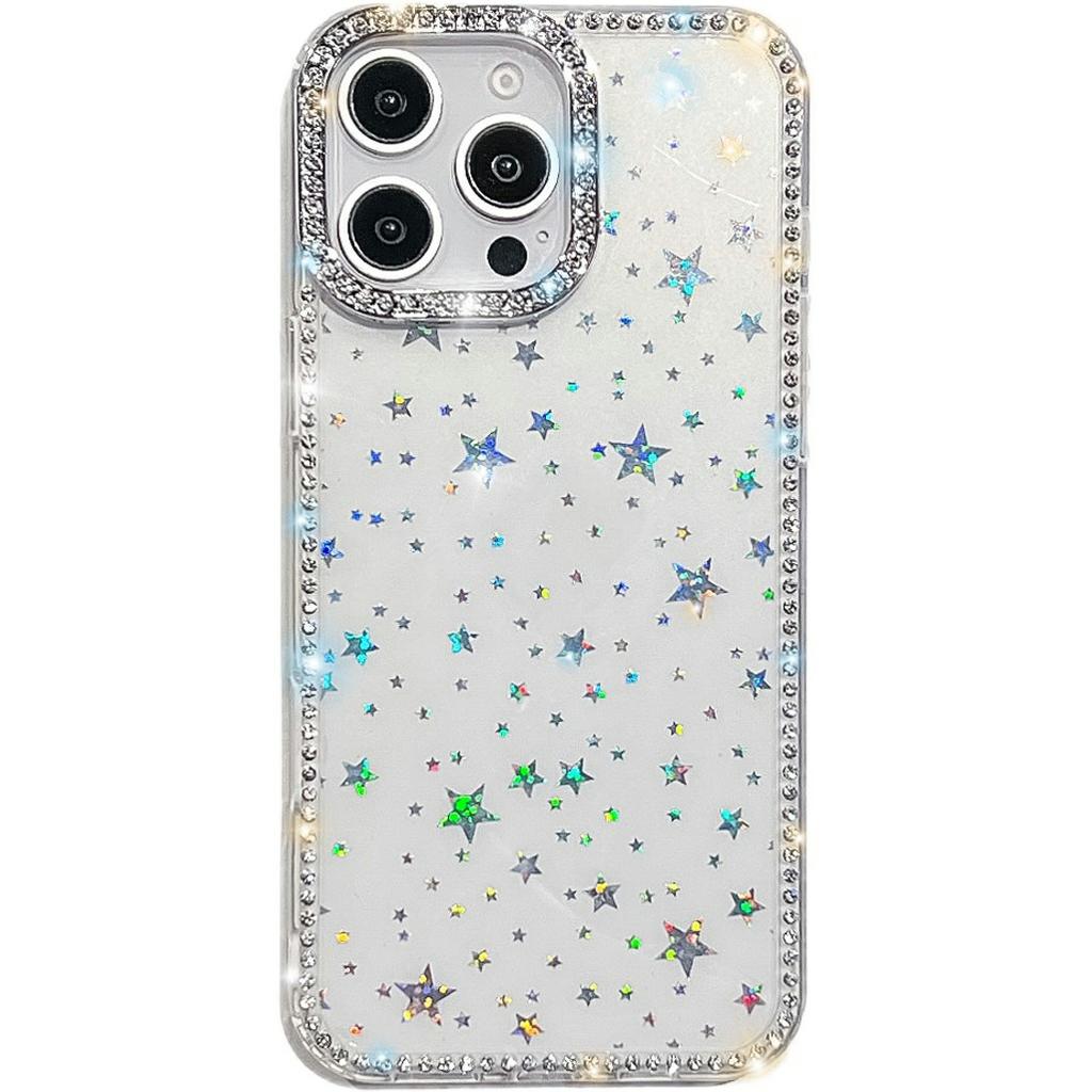 For iPhone 15 Pro Max Case Rhinestone Edge Glitter Back TPU+PC IMD Phone Cover