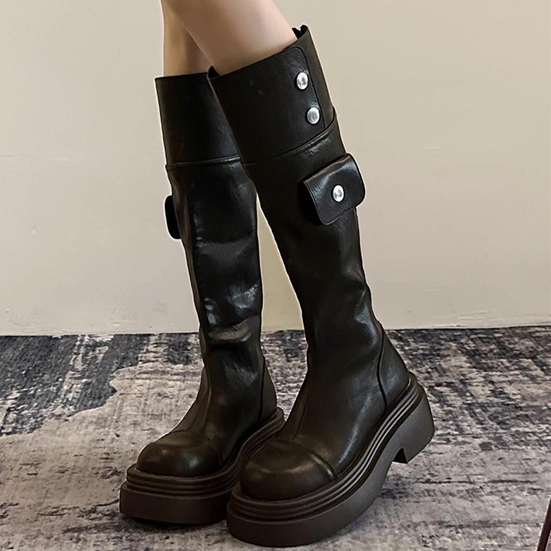Модная кожаная женская обувь на массивном высоком каблуке, высокие ботинки до колена, на среднем каблуке, женская обувь, тренд 2025, модные зимние элегантные мотоциклетные ботинки, Mujer Botas