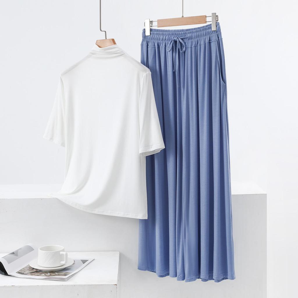 Модальная футболка с полувысоким воротником и рукавом пять четвертей и широкие брюки с карманами, повседневный двухпредметный комплект большого размера для женщин