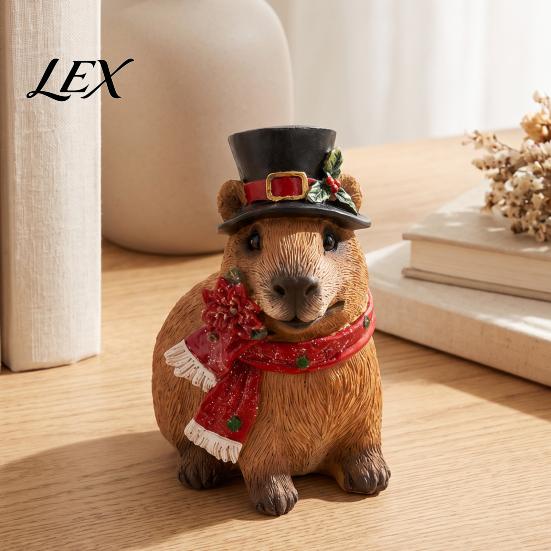 Holiday Gifts for Capybara Lovers Christmas Resin Figurine, Statue with Santa Hat Scarf Wreath, Thoughtful Presents Family Cute Tabletop Ornament Home