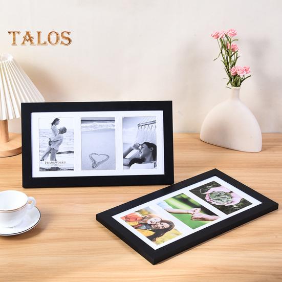 Wooden Photo Frame with 3 Openings Mat Home Office Wall Mount Horizontal Vertical Standing Desktop Decorative Collage Picture Display Frame
