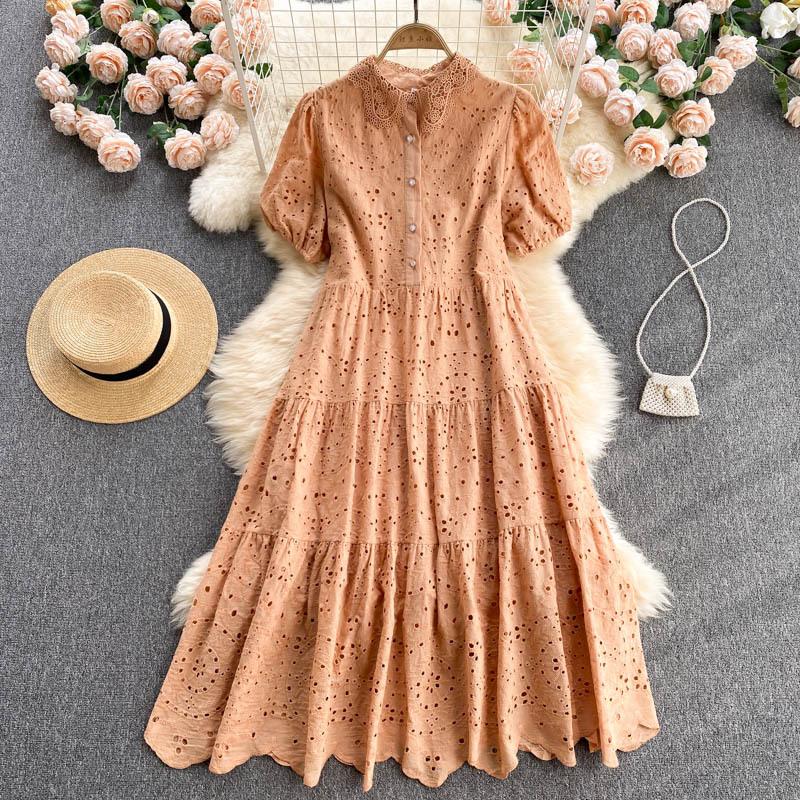 New Elegant Hollow Out Embroidered Polo Bubble Sleeves Loose Bohemian Vacation Dress Womecasual Dresses for Women