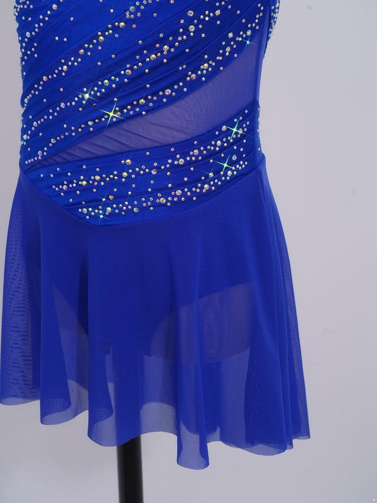Девочки Сетчатое Пэчворк Без Рукавов Вырез на Спине Складки Асимметричный Подол Блестящий Стразы Платье Для Танцевального Выступления
