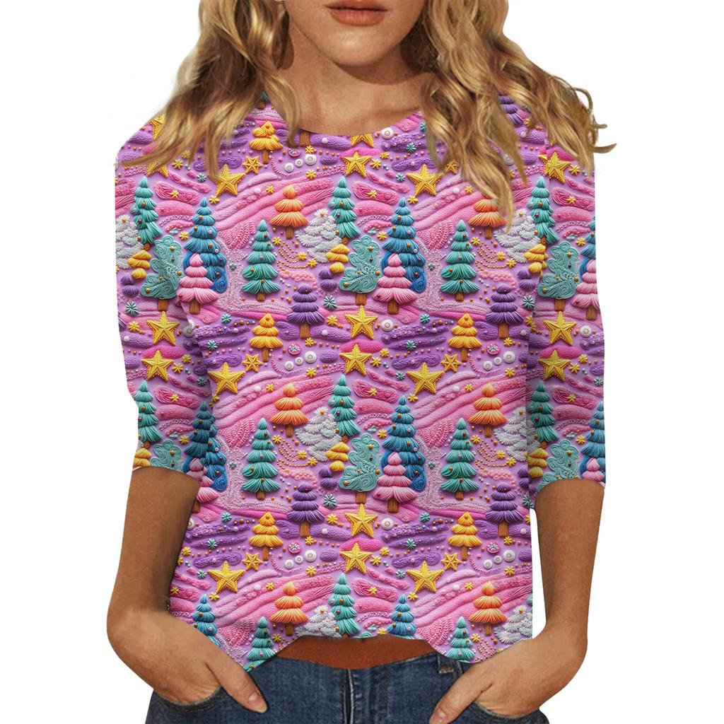 Женская модная повседневная футболка с рукавом три четверти и рождественским принтом, с круглым вырезом