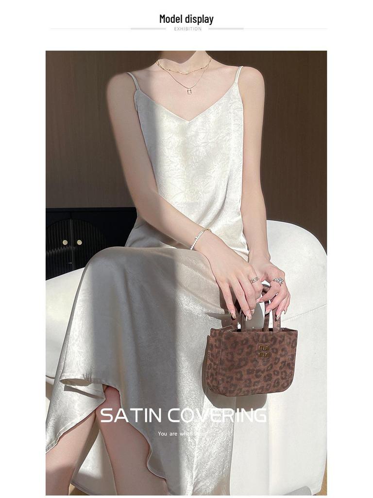 Элегантное однотонное летнее платье из ацетатного атласа с V-образным вырезом и тонкими бретельками для женщин