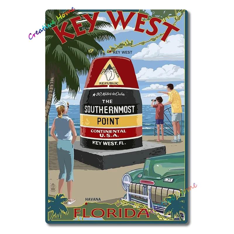 Металлическая табличка Key West Southernest Point Florida Poster Tin Sign Home Beach Club Club House Wall Decoration Retro Metal Plate