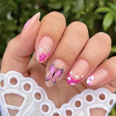 24 шт. Накладные ногти с французским маникюром, бабочками, искусственные ногти, короткие, миндалевидные, нажимные, с цветами, искусственный акриловый ноготь