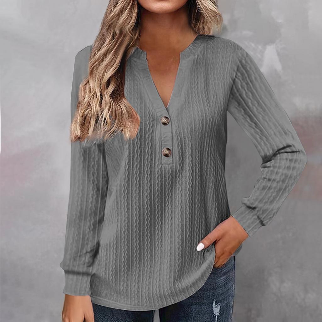 Women's Fashion Long Sleeve Solid Colour V-Neck Button T-Shirt Printed Casual Top