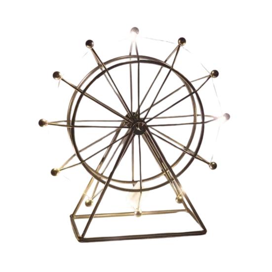 Sky Wheel Ornament with LED Light Rotatable Iron Wire Ferris Wheel Model Metal Figurine Home Office Desktop Decoration