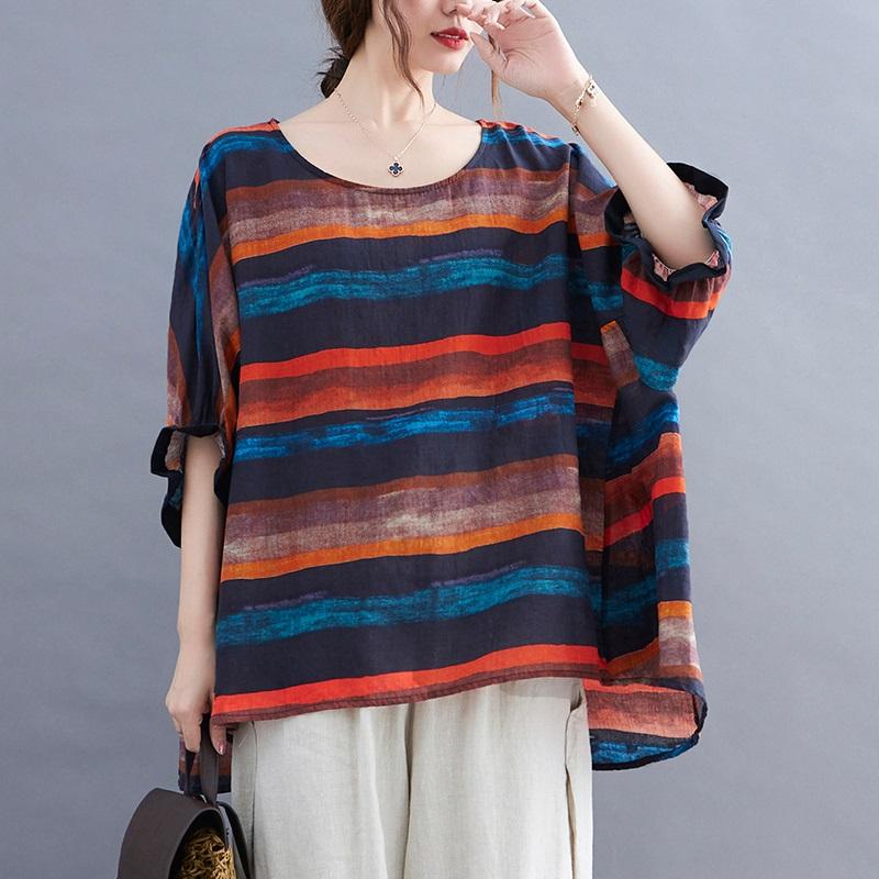 Contrast Womens Large Stripe Summer Print Batshirt Top Womens Summer Sunscreen Shirt Tshirt Women