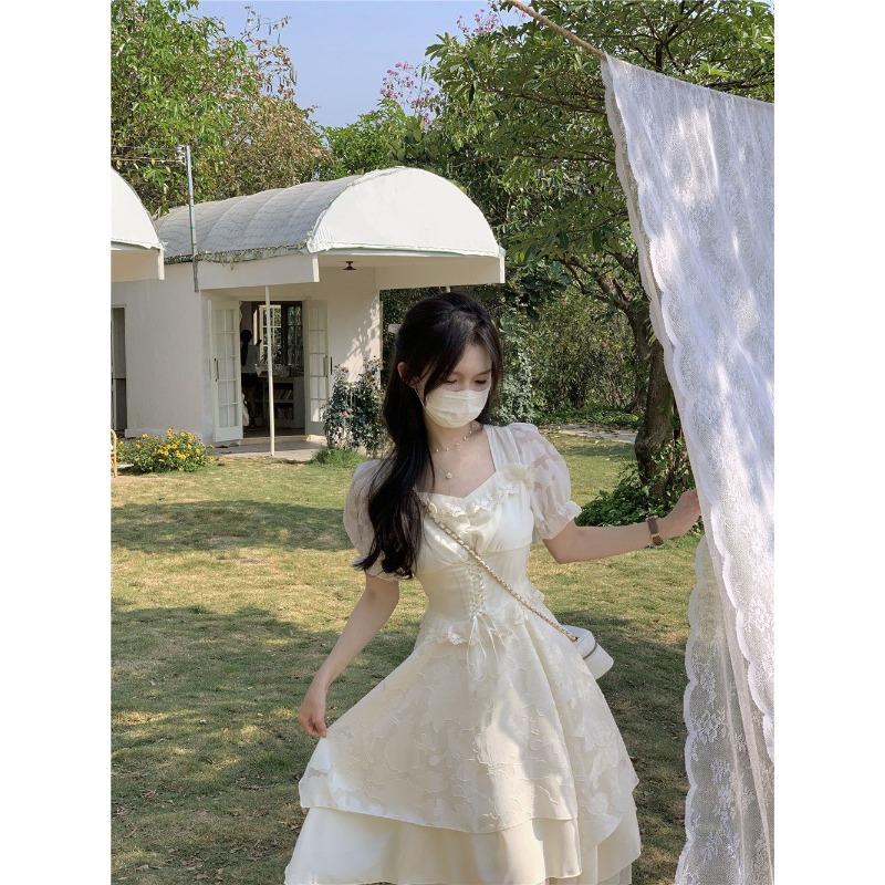 Французское элегантное платье миди, женское милое кружевное платье нестандартного дизайна с короткими рукавами, женское пышное вечернее платье в вечернем стиле, лето 2024