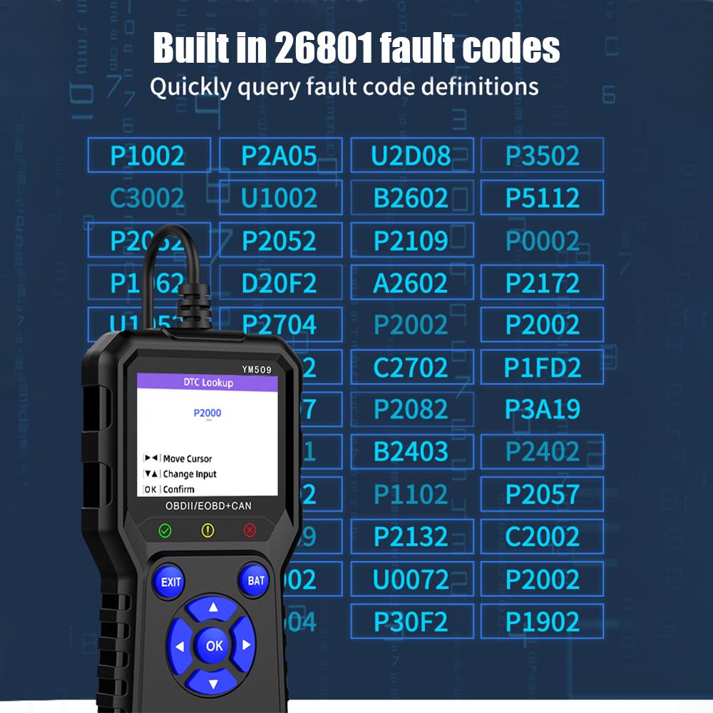 Сканер OBD 2 для двигателя ODB2 Считыватель кодов Диагностический инструмент для автомобиля Стирание кодов ошибок Многоязычный сканер OBD2 YM509