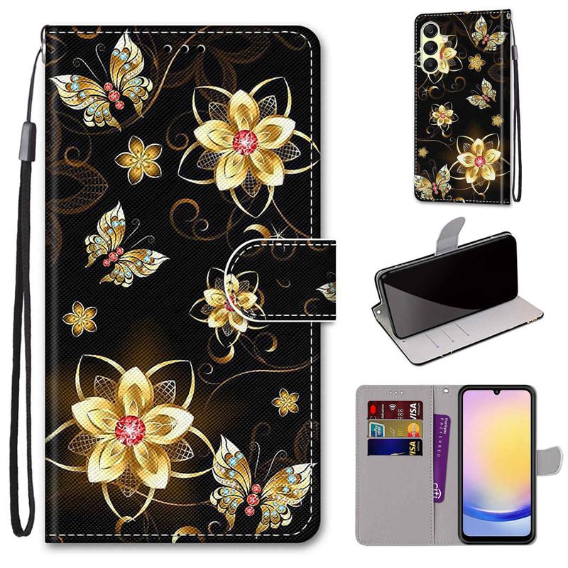 For Redmi Note 14 13 12 Pro Xiaomi 13T 12T Samsung S25 S24 A16 A15 A14 iPhone PU Leather Card Holder Flowers Animals Flip Wallet Kickstand Phone Case