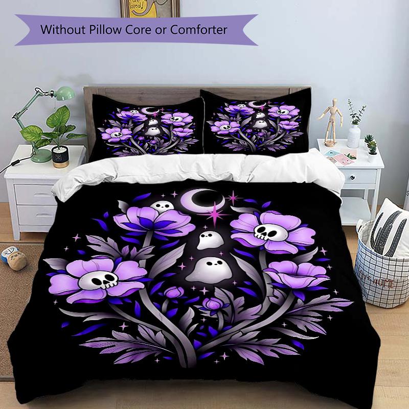 3pcs Skeleton Ghost Flower Printed Bedding Set, Soft and Comfortable Quilt Cover for Bedroom, Guest Room (1 Duvet Cover + 2 Pillowcases, Pil