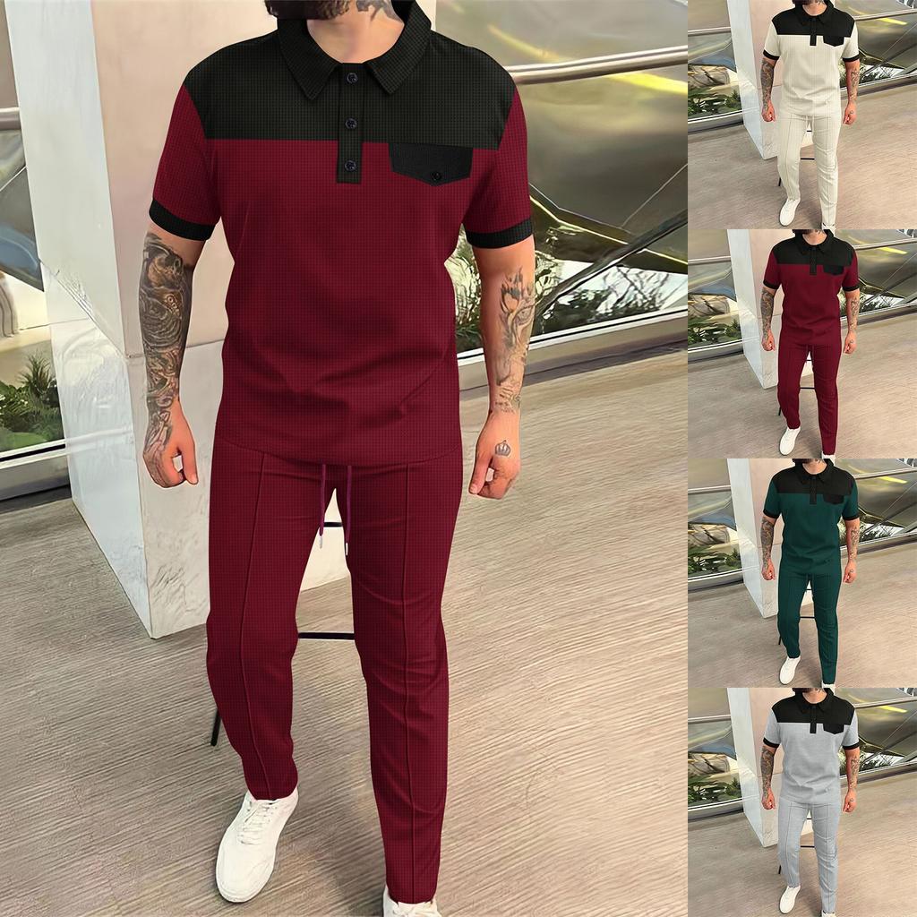 Мужской однотонный повседневный комплект из двух предметов с короткими рукавами и воротником