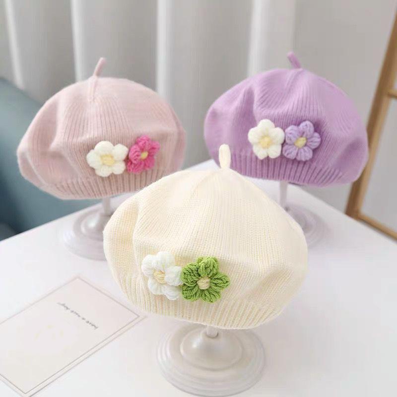 Fashion Baby Hat Solid Color Flower Girls Warm Beret Vintage Knitted Beret Hat Kids Autumn Winter Children Artist Painter Cap