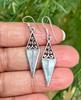 925 Sterling Silver Oxidized Danglers Earrings with Mother of Pearl, Long Linear Earring, Cutwork FREE SHIP, 4.03 gm