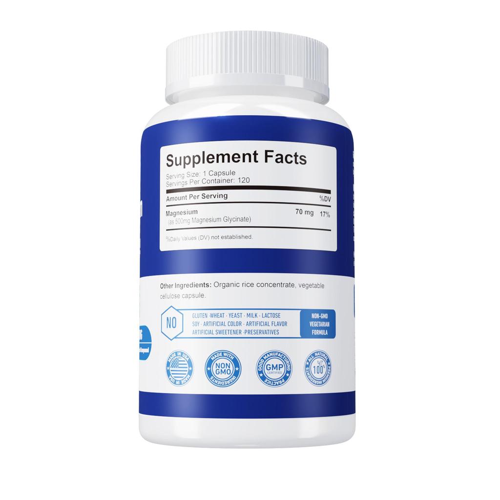Magnesium glycine soft capsules 500 mg, magnesium oil capsules as a sleep aid supplement, beneficial capsules.