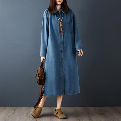 DIMANAF Женское джинсовое платье больших размеров, хлопковое, свободное, повседневное, базовое, платья макси, с длинным рукавом, платье-рубашка, синее